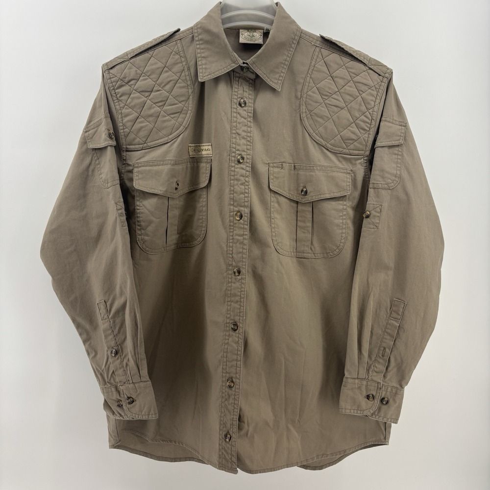 TAG Safari Shooting Shirt Mens XL Khaki Cotton Quilted Shoulder Zimbabwe